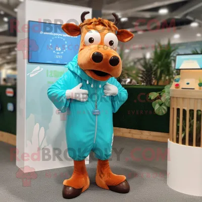 Produktbild von Türkisfarbenes REDBROKOLY Guernsey-Kuh Maskottchen kostüm gekleidet in einen Regenmantel und Smartwatches