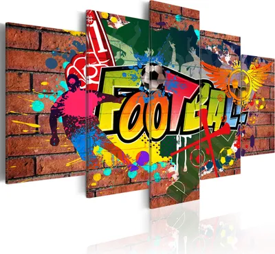 Produktbild von Wandbilder Fußball Grafitti Ziegeloptik bunt Straßenkunst 200x100 cm 5 tlg – Bilder Wohnzimmer, Moderne Leinwandbilder, Leinwanddruck 020105-18
