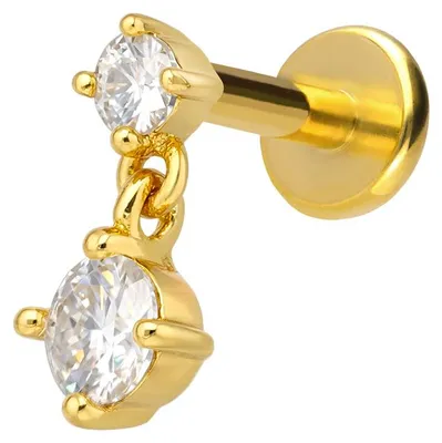 Produktbild von Ohrpiercing, Nasenpiercing Titan Labret mit Innengewinde + 925er Silber Aufsatz 2 MOISSANITE Gold Stablänge: 6mm | Stabstärke: 1,2mm