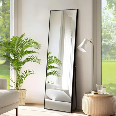 Immagine prodotto di Specchio a figura intera rettangolare, 150 x 40 cm, specchio da parete autoportante con cornice in alluminio nero, grande specchio da parete, specchio a figura intera per camera da letto, ingresso, corridoio