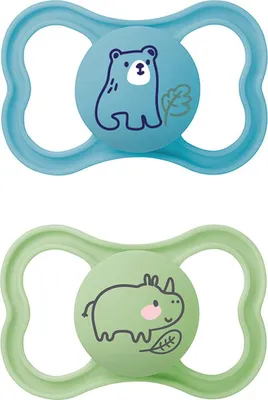 Produktbild von MAM Air Silikon Schnuller im 2er-Set, extra leichtes und luftiges Schilddesign, zahnfreundlicher Baby Schnuller aus speziellem MAM SkinSoft Silikon mit Schnullerbox, 16+ Monate, Bär/Nashorn