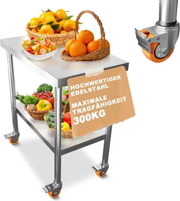Produktbild von TWOLIIN Edelstahl Arbeitstisch,4 Stück Lenkrollen mit Bremsen,Vorbereitungstisch Küchentisch mit Einstellbarer Höhe Füße, Zerlegetisch Belastbarkeit 300 kg für Küche Bar Restaurantar,85x76x46cm