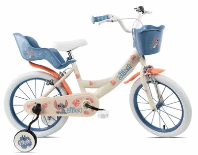 Zdjęcie produktu dla STITCH GIRL 16, przeznaczona dla dzieci w wieku od 5 do 7 lat, o wzroście od 105 do 135 cm, wyposażona w koszyk i uchwyt na lalkę
