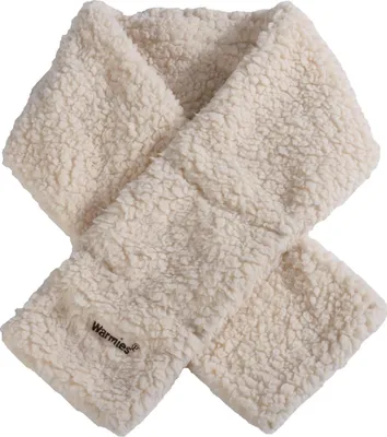 A beige sherpa scarf is laid out on a white background.