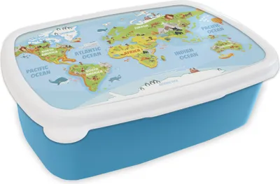 Produktbild von KitchenYeah® Lunchbox Brotzeit Brotdose 17x11 cm Weltkarte - Kinder - Tiere Kinder Brotzeitdose - Lunch - Kunststoff  - Brotbüchse - Sandwichbox - Lunchbox für Kinder