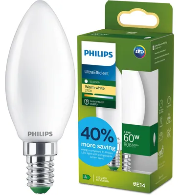 Produktbild von Philips Filament-Kerzenlampe, B35 E14, Milchglas, 60 W, 3,8 W, 60 W, E14, 806 lm, 50000 h