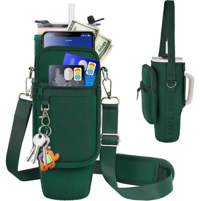 Immagine prodotto di Borsa termica per bottiglie da 40 once, con maniglia, tasca per il telefono, tracolla, in neoprene, colore verde