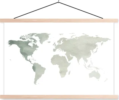 Produktbild von MuchoWow® Textilposter Weltkarte - Grau - Weiß 120x80 cm mit holzfarbenen Rahmen - Aufhängeset