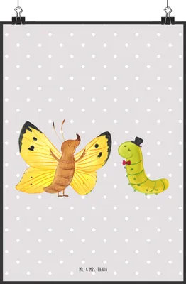 Produktbild von Mr. & Mrs. Panda Bild Raupe Schmetterling DIN A2 - Grau Pastell - Geschenk, Hütchen, drucke, Wanddekoration, Lustige Sprüche, Wandbild, Hut, Deko, Schönheit, wanddeko