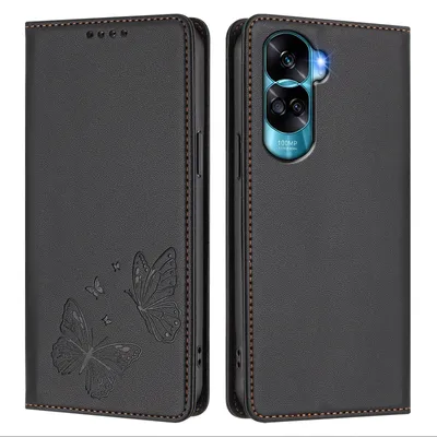 Image de Étui en cuir pour Honor 90 Lite, motif papillon, étui portefeuille à rabat avec support, noir