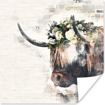 Produktbild von MuchoWow® Poster Schottisches Hochlandrind - Schottische Kuh - Blumen 50x50 cm - Wohnzimmerdekoration