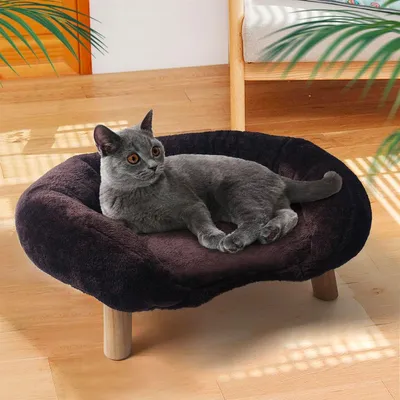 Produktbild von Katzensofa mit Rundem Kissen und Holzbeinen Katzensessel Haustiersofa Katzenbett 50*40*24 cm Braun