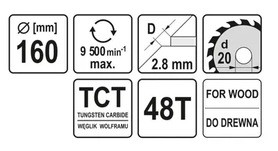 Produktbild von Yato YT-6058, Holz, 16 cm, 2 cm, Hartmetall-bestücktes Wolfram (TCT), 9500 RPM, 368 g