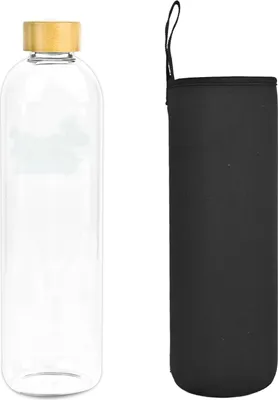 Obrázok produktu pre Sklenená fľaša na vodu 1500 ml - Bambusové viečko - Borosilikátové sklo - Neoprénový obal - Recyklovateľná - Opakovane použiteľná - Bez BPA