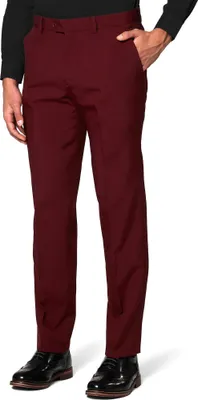 A person wearing burgundy pants and black shoes.