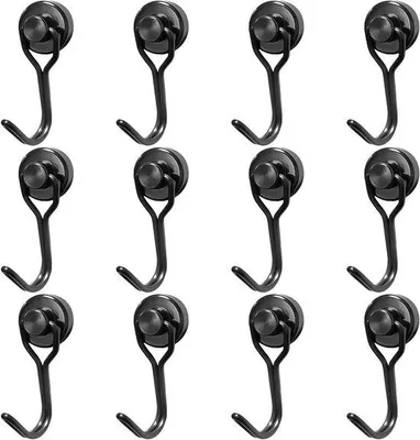 Immagine prodotto di Set di 12 ganci magnetici extra potenti con magneti al neodimio da 10 kg - Robusti ganci per cassetti adatti a porte in ferro, frigoriferi e cucine