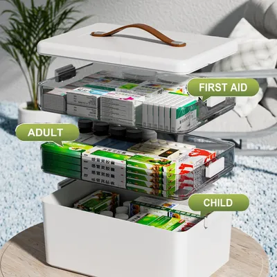 Image de Omgoods - Boîte de rangement pour médicaments à 3 niveaux, avec couvercles et compartiments
