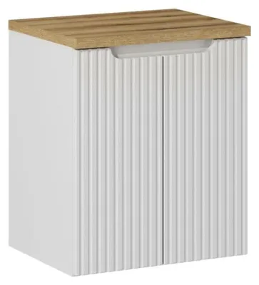 Image de Ensemble de salle de bain VANO blanc 50cm : meuble sous vasque à placards rainuré + plan pour vasque aspect chêne clair