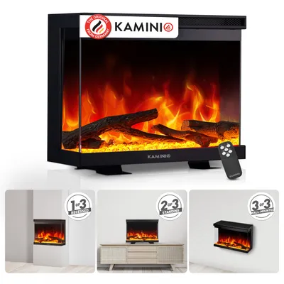 Zdjęcie produktu dla KAMINIO Kominek elektryczny LEA – elektryczny kominek 3 w 1 z panoramicznym widokiem, ogrzewaniem, efektem płomienia 3D, 12 kolorami płomienia, pilotem – 30 cali