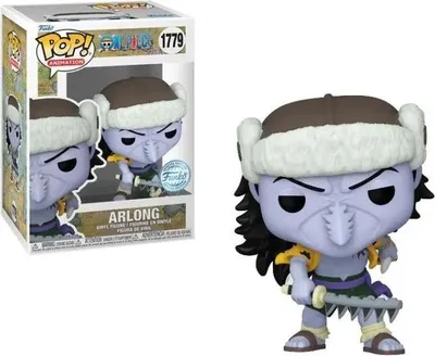 A Funko Pop! vinyl figure of Arlong from One Piece, shown both in its packaging and displayed separately.