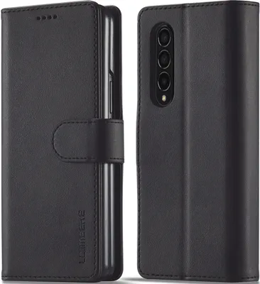 A black leather flip case for a Samsung Galaxy Z Fold 3 5G phone is shown from two angles.