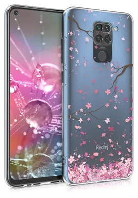 Produktbild von kwmobile Case kompatibel mit Xiaomi Redmi Note 9 - Hülle Silikon transparent Kirschblütenblätter Rosa Dunkelbraun Transparent