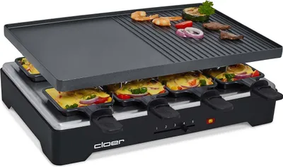 Produktbild von Cloer 6446 Raclettegrill mit Aluminium Druckguss Platte - beidseitig verwendbar, 1200 W, 8 antihaftbeschichtete Raclettepfännchen, schwarz