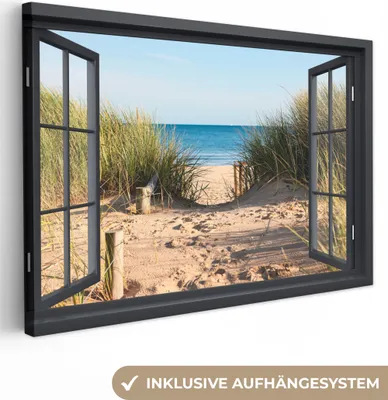 Produktbild von OneMillionCanvasses® - Leinwandbilder - 140x90 cm, Durchblick - Strand - Meer - Sand - Wasser - Strandhafer - Dünen, - Geöffnetes Fenster - Fensterblick Schlafzimmer Kunstdruck Wanddekoration - Foto auf Leinwand -