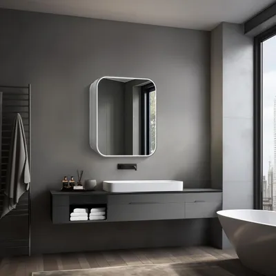 A modern bathroom with a wall-mounted vanity and mirror.