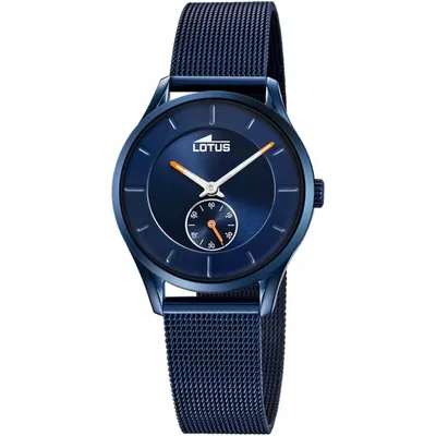 A blue Lotus watch with a mesh band is shown against a white background.