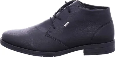 A side view of a black leather boot.
