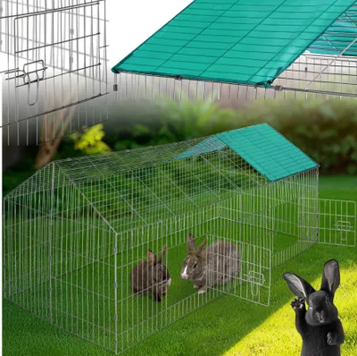 A collage of images showing a rabbit hutch and its components, with rabbits inside and outside the hutch.