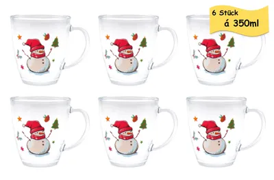 Produktbild von 6er Set Kinderpunsch- & Glühweingläser 350 ml dickwandiges Qualitätsglas Mikrowellengeeignet – (Schneemann)