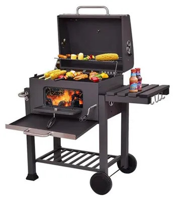 Produktbild von Holzkohlegrill - Grillwagen - 2 Grillroste - Verstellbare Kohlewanne - Ablagen mit Haken - Mobiler Outdoor-Grill auf Rollen - Schwarz