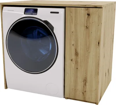 A white washing machine is partially enclosed in a wooden cabinet.