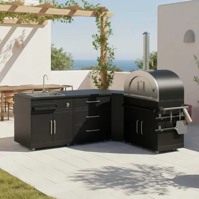 Image de Cuisine extérieure acier 4 éléments avec four à pizza - Oviala Memphis