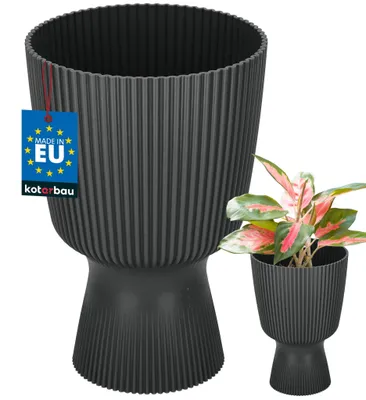 Image de KOTARBAU® Pot de Fleur Ø 14 cm Pot de Fleur Interieur PVC Pot de Fleur Exterieur Pot pour Plante avec Socle Nervuré Noir