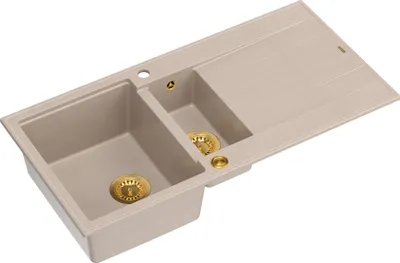 Produktbild von QUADRON Spülbecken 1,5-Becken Spüle | Größe: 100 x 50 x 21/16 cm | EVAN 156 | Küchenspüle Granitspüle aus GraniteQ mit Siphon | Beige & Golden