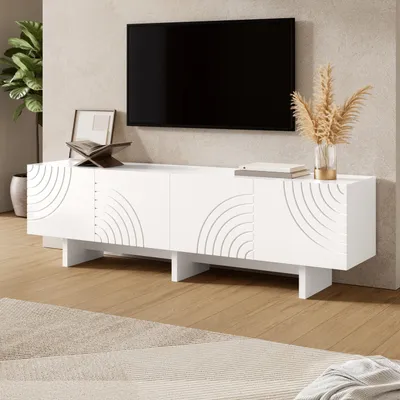 Produktbild von MODFU TV-Lowboard Weiße,Fernsehbank mit geometrischen Bogenmustern und Reliefpaneel,TV-Schrank mit Vier Türen und Mitteltrennwand