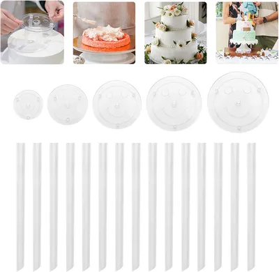 Produktbild von Tortenplatten Set 5 Stück, 15 Tortennägel, wiederverwendbare Tortenböden 9/12/16/20/26 cm, transparentes