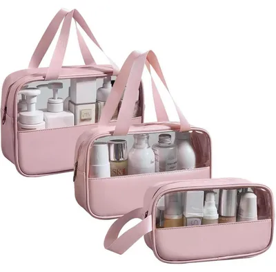 Produktbild von Kosmetiktasche Transparent 3 Stück Wasserdicht PVC Kulturbeutel Damen Make-up Reise Set Rosa
