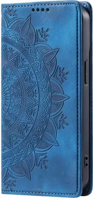 A close-up view of a blue flip phone case with a mandala pattern.