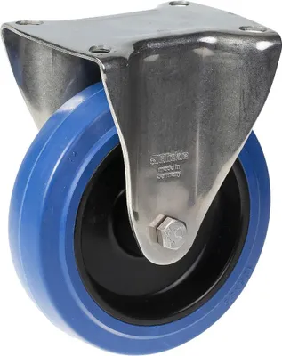 Produktbild von 125-mm-Edelstahl-Starrrolle mit blauem Elastikgummi auf Nylon-Mittelrad