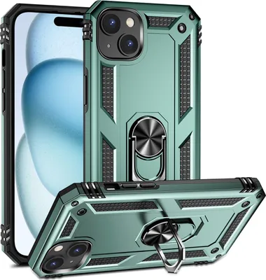 Produktbild von Schutzhülle für iPhone 15, Dual Layer Militäre Fallschutz Hülle mit Ringhalterung Ständer für iPhone 15 Grün
