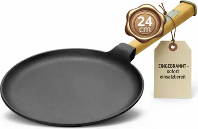 Produktbild von Pfannkuchenpfanne 24 cm EINGEBRANNT einsatzbereit Crêpes Bratpfanne Gusseisen Omlettpfanne Blinipfanne Holzgriff Induktion