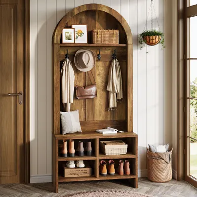 Produktbild von 180 cm hoher Flurbaum mit Bank und Schuhablage, 4-in-1-Garderobe mit gewölbtem Bügelgestell und Schuhschrank, Flurmöbel mit 4 Haken