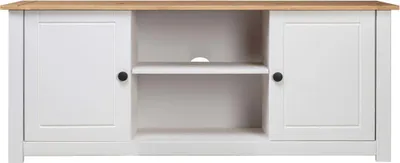 A front view of a white TV stand with a wooden top.