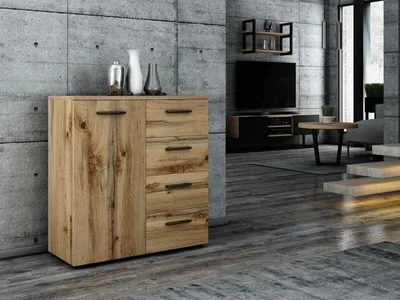 Produktbild von MATKAM Kommode Helena B80 x H84,5 x T35 cm, Sideboard mit 4 Schubladen und 1 Fächer mit Türen, ideal für Büro, Diele, Wohnzimmer (Wotan Eiche)