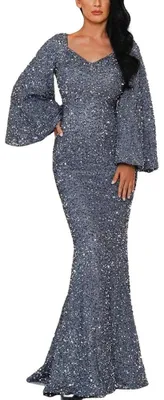 Produktbild von AI 2024 Abendkleid für Damen, Brautjungfernkleid, modisch, V-Ausschnitt, figurbetontes Paillettenkleid mit ausgestellten Ärmeln, mittelhoher Taille, langes Partykleid, Samt-Abendkleid