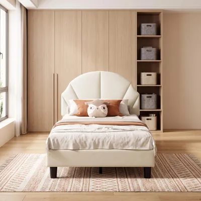 Obrázok produktu pre Postel INONEFT, 90x200 cm, s čalúnenou hlavou v tvare kvetu, jednolôžková posteľ pre mládež s roštom, detská posteľ z velúru, béžová